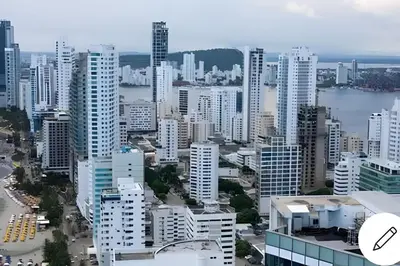 an aerial view of a city with tall buildings at Laurdhomes Palmetto Beach Floor 32, Sea View, 3HBT in Cartagena de Indias