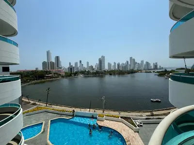 a view of a large body of water with a city at Apartamento en Laguito Ed Torres del Lago 604 ICDI in Cartagena de Indias