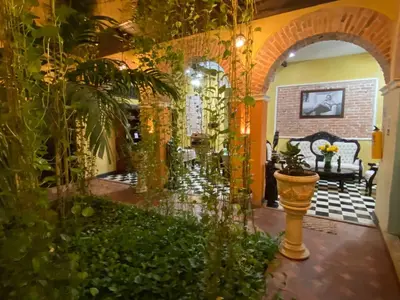 a living room with an archway and plants at hotel san nicolas colonial in Barranquilla