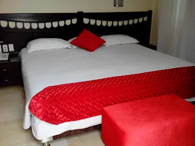 a bedroom with a large bed with a red blanket at Hotel Suite Continental in Barranquilla