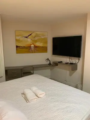 a bedroom with a bed and a flat screen tv at Apartahotel Edificio Baquero x5 Apto 201 in Barranquilla