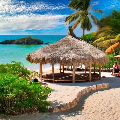 a straw hut on a beach with a palm tree at Punta Arena EcoHostal & EcoFit - Your Eco-Friendly Oasis in Playa Punta Arena
