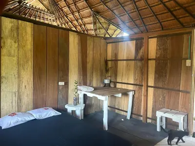 a room with a bed and a table and a cat at Punta Arena EcoHostal & EcoFit - Your Eco-Friendly Oasis 02 in Playa Punta Arena