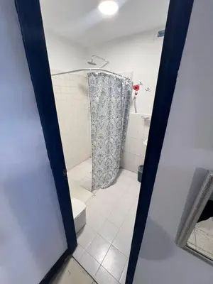 a bathroom with a shower curtain and a toilet at Belcanto Room's in Cartagena de Indias