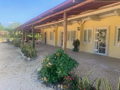 a yellow building with a porch with a bunch of plants at Cabañas Paulamar - Apto 4 - Tolú in Santiago