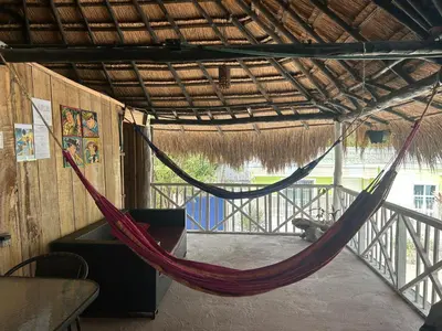 a hammock hanging from a roof in a restaurant at Punta Arena EcoHostal & EcoFit in Playa Punta Arena
