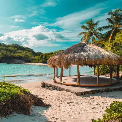 a straw hut on a beach with palm trees at Punta Arena EcoHostal & EcoFit in Playa Punta Arena