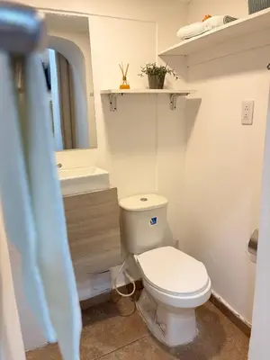 a bathroom with a toilet and a sink and a mirror at Casa Zaguan in Cartagena de Indias