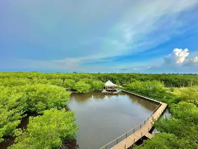 a river with a house in the middle of it at Apartamento - suite, Frente al mar in San Silvestre