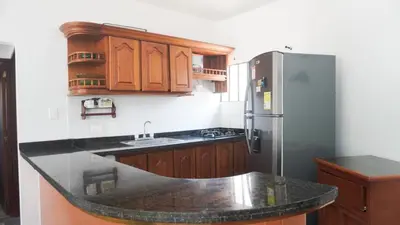a kitchen with wooden cabinets and a stainless steel refrigerator at Cabaña La Pereztroica 1 in Coveñitas