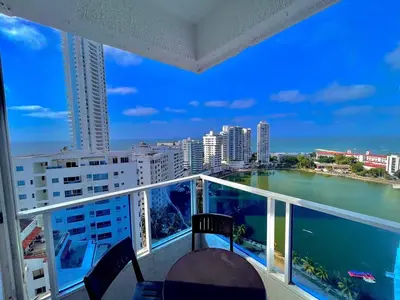 a balcony with a view of the ocean and buildings at Apartamento hermoso en cartagena el laguito bocagrande con vista al mar in Cartagena de Indias