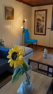 a living room with a vase with a yellow flower on a table at KAZA Balcones in Santa Veronica