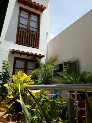 a white building with a window and some plants at Casa Marqués del Pedregal in Cartagena de Indias