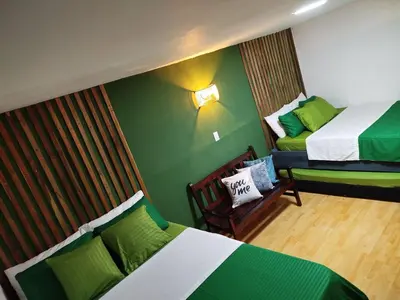 a room with two beds with green walls and a chair at Hb5 Family Room with private bathroom facing the sea in Cartagena de Indias