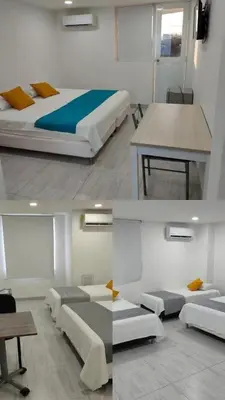 two pictures of a bedroom with two beds and a table at Hotel Doral Barranquilla in Barranquilla