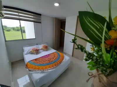 a bedroom with a bed and a window and plants at Apartamento familiar en Coveñas in Coveñas