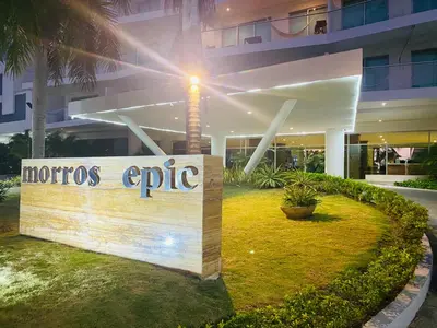 a sign in front of a building with a hotel at Morros EPIC OCEAN AND BEACH in Cartagena de Indias