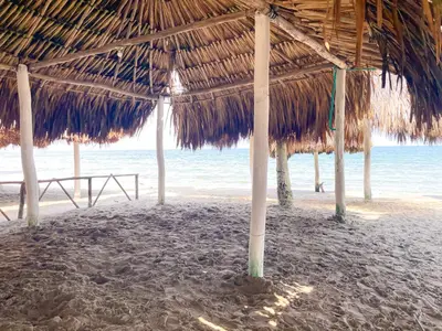 a straw umbrella on a beach with the ocean at Apartamento Villa Carolina 102 in Coveñas