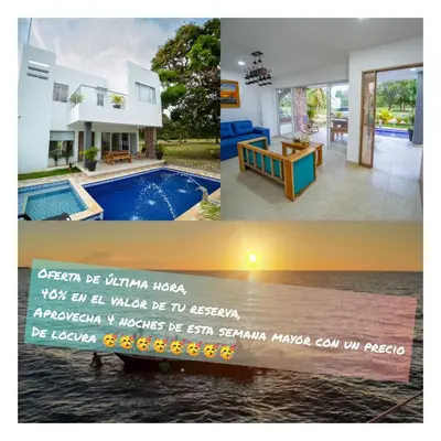 a collage of pictures of a house and a swimming pool at Cabaña Villa July in Moñitos