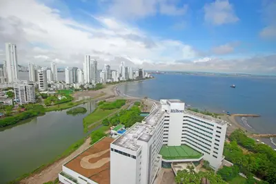 an aerial view of a city and the water at Riviera Sunrise Beach - Frente al mar y vista panorámica a toda la ciudad in Cartagena de Indias