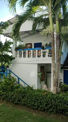 a white building with palm trees in front of it at San Jose de los Acuarios in San Antero