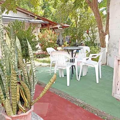 a patio with a table and chairs and a plant at Hostal CORALES in Tolú