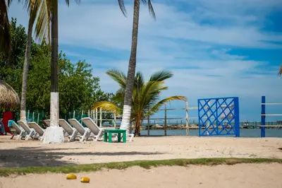 a group of chairs and palm trees on a beach at Coveñas - Condominio Puntepiedra Hotel in Coveñas