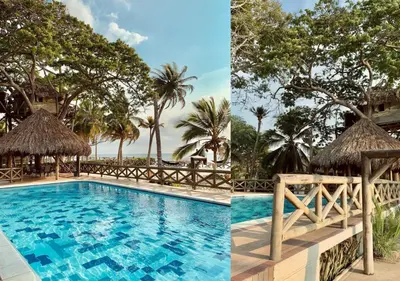 a collage of two photos of a pool and a resort at Beautiful Luxury Beachfront Hosue in Lorica