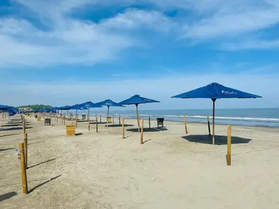 a row of blue umbrellas on a sandy beach at Exclusivo loft - frente al mar in Cartagena de Indias