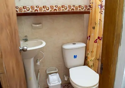 a small bathroom with a toilet and a sink at Alojamiento Familiar #3 - Un terruño en la costa in Puerto Viejo