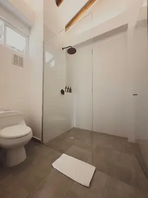 a bathroom with a toilet and a glass shower at SABAI Beach Hotel in Baru