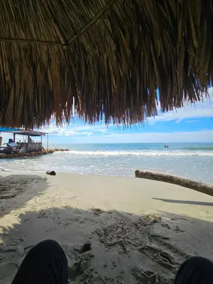 a beach with a straw umbrella and the ocean at Cabaña Sol y Mar 2 in Coveñas