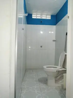 a bathroom with a white toilet and blue walls at Cabaña Olas Del Mar in San Bernardo del Viento