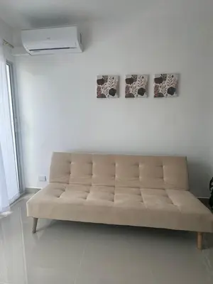 a couch in a room with two paintings on the wall at Apartamentos Cartagena Acuarium in Cartagena de Indias