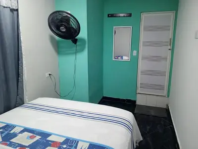 a green room with a bed and a fan at Sharly House in Cartagena de Indias
