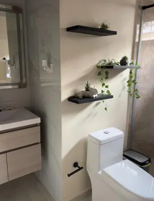 a bathroom with a toilet and some plants on shelves at El reposo real in Barranquilla