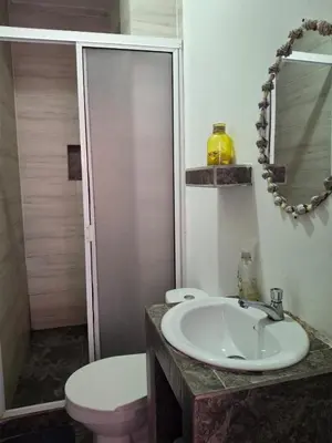a bathroom with a sink and a toilet and a mirror at Cabañas Ana Sofía in San Antero