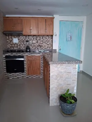 a kitchen with wooden cabinets and a counter top at Apartamento vacacional El Laguito Cartagena in Cartagena de Indias