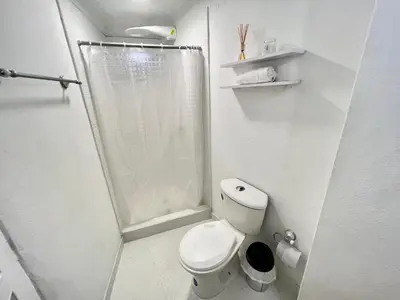 a white bathroom with a toilet and a shower at Lovely Duplex with balcony! in Cartagena de Indias