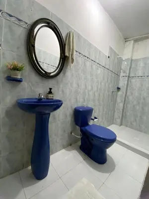 a bathroom with a blue toilet and a mirror at Casa lo amador alojamiento entero in Cartagena de Indias
