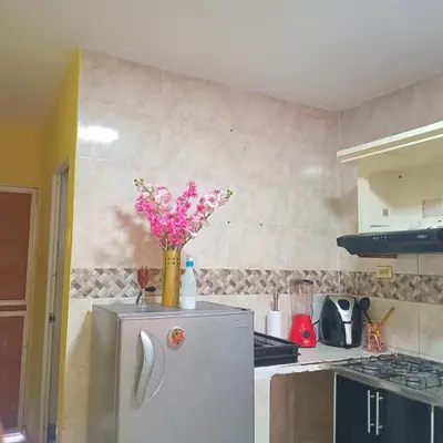 a kitchen with a vase of flowers on top of a refrigerator at comodo apartamento in Barranquilla