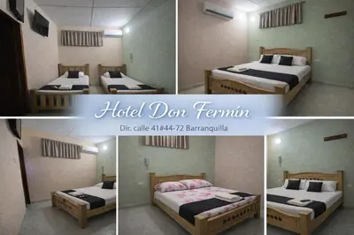 four pictures of a hotel room with two beds at Hotel Don Fermin in Barranquilla