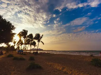 a beach with palm trees and the ocean at sunset at La Morada Apartamento in Coveñas