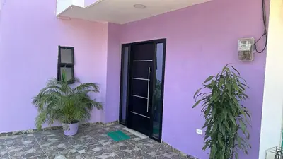 a pink wall with a black door and two plants at La Morada Apartamento in Coveñas