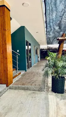 a hallway of a building with a plant in a pot at Cabaña La Roca in San Antero