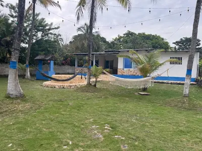 a house with a hammock in a yard with palm trees at Cabaña Mery frente al mar in San Antero