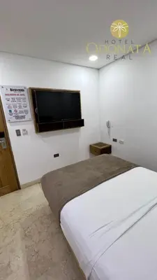 a bedroom with a bed and a flat screen tv at Hotel Odonata Real in Cartagena de Indias