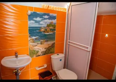 a bathroom with a sink and a toilet and a painting at TESORO de BARU in Cartagena de Indias