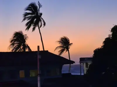 two palm trees in front of a house at sunset at Laguito Apartment in Cartagena de Indias