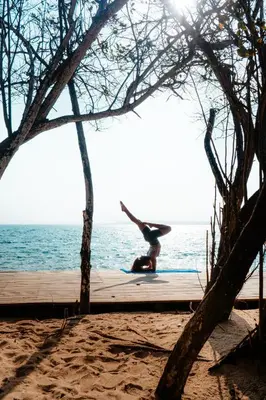 a person on the beach with a bird flying over the water at Isla Corona in Baru